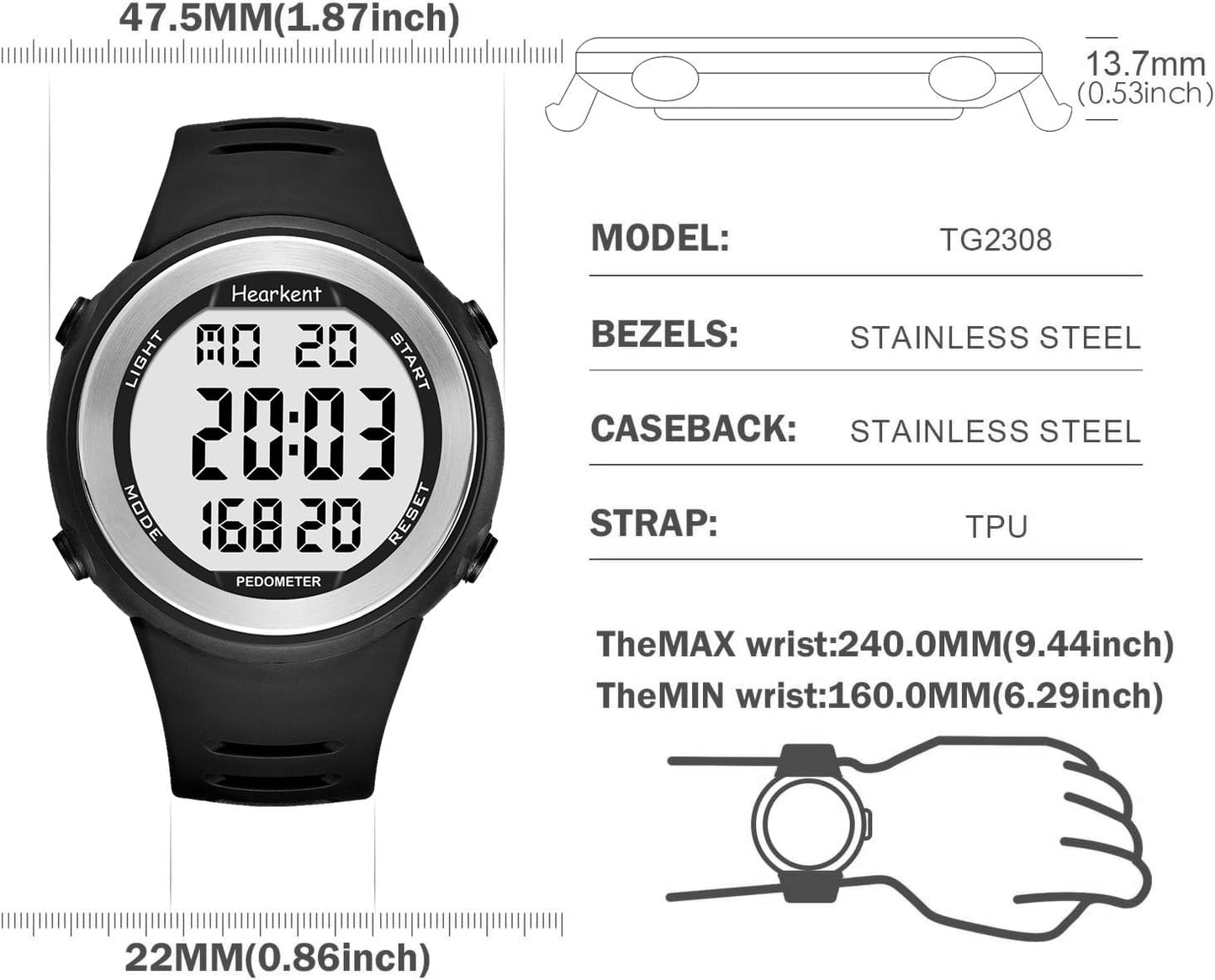 Waterproof Pedometer Watch for Senior Non Bluetooth No App Required Sport Watch with Step Counter Calories and LCD Large Numbers…