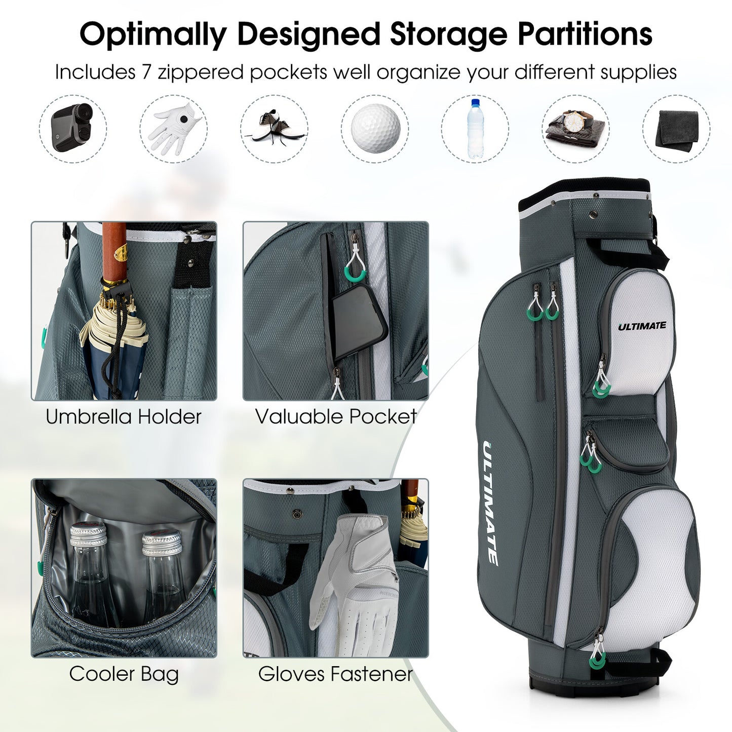 14 Dividers Golf Cart Bag 7 Zippered Pocket Cooler Bag Rain Hood Valuable Bag