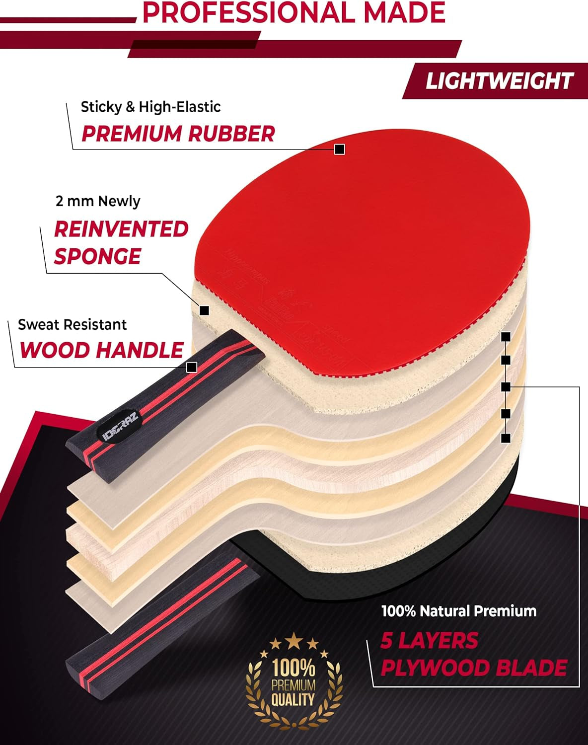 Table Tennis Paddle Professional Racket - Ping Pong Racket with Carrying Case - ITTF Approved Rubber for Tournament Play