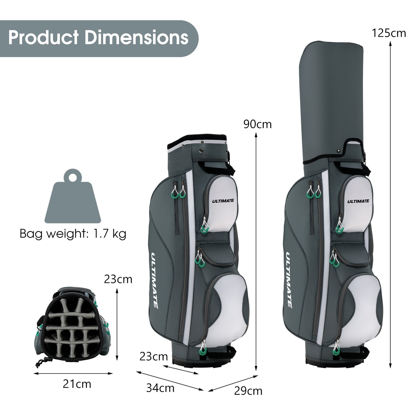14 Dividers Golf Cart Bag 7 Zippered Pocket Cooler Bag Rain Hood Valuable Bag