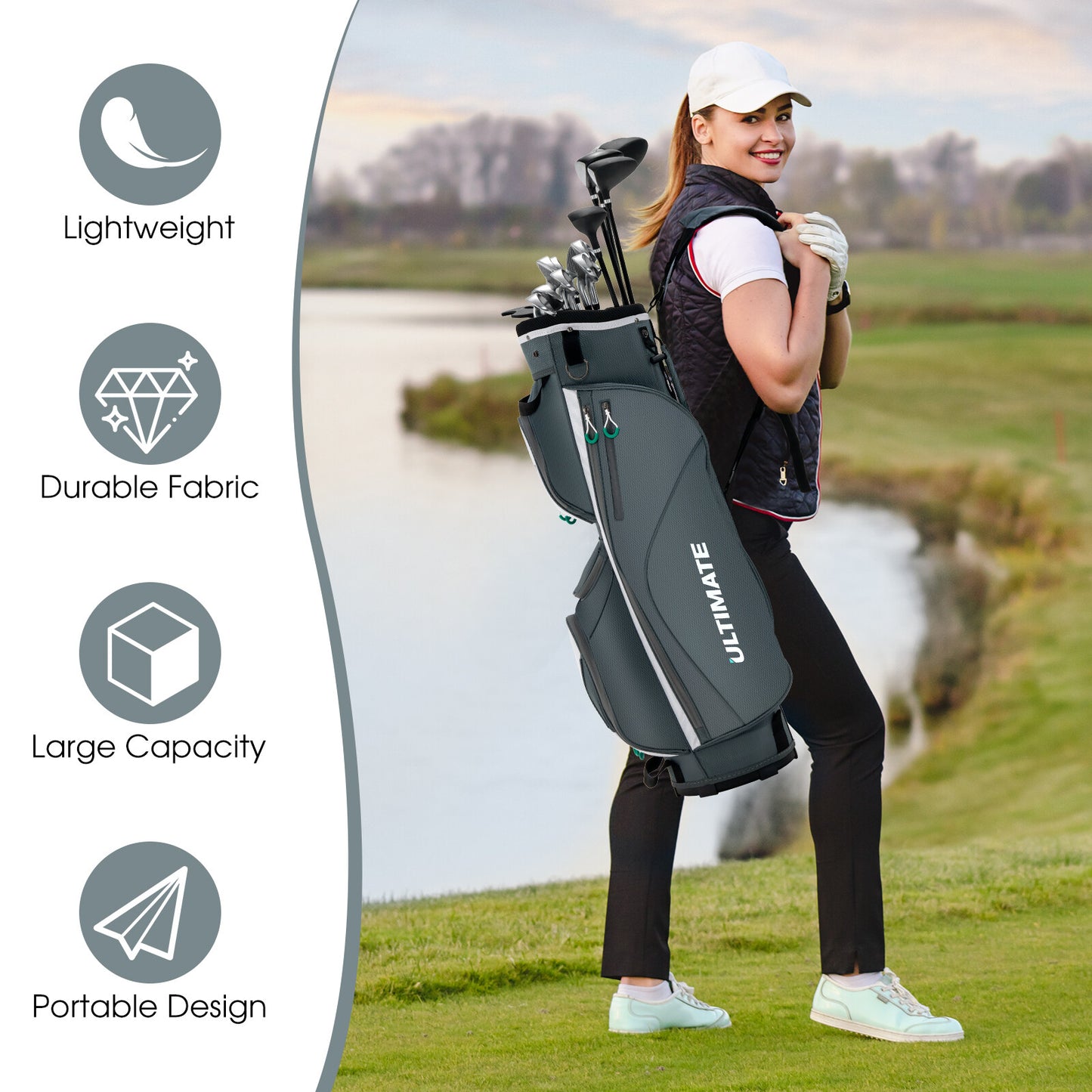 14 Dividers Golf Cart Bag 7 Zippered Pocket Cooler Bag Rain Hood Valuable Bag