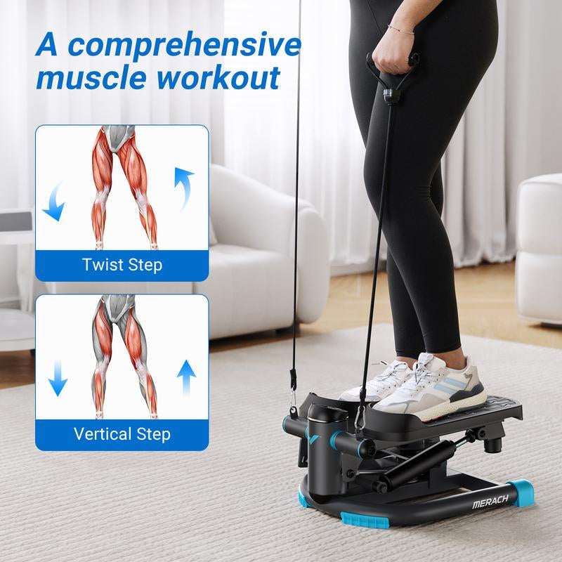 MERACH Dual-Action Mini Stepper for Exercise, Hydraulic Stepper with Large Range, Up-Down and Twisting Motion for Full-Body Workout, 330LBS Capacity Twist Stair Stepper with Resistance Bands for Home