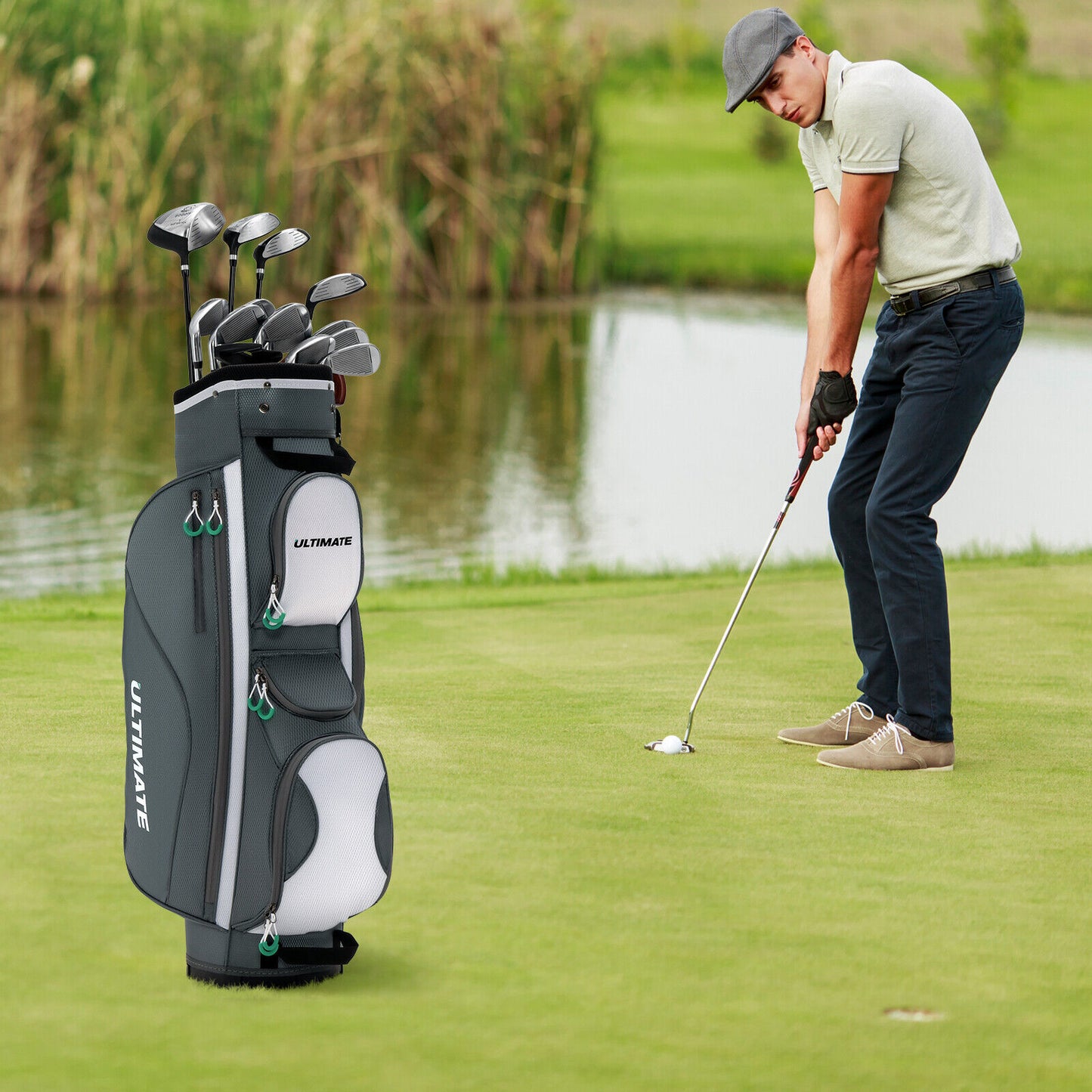 14 Dividers Golf Cart Bag 7 Zippered Pocket Cooler Bag Rain Hood Valuable Bag