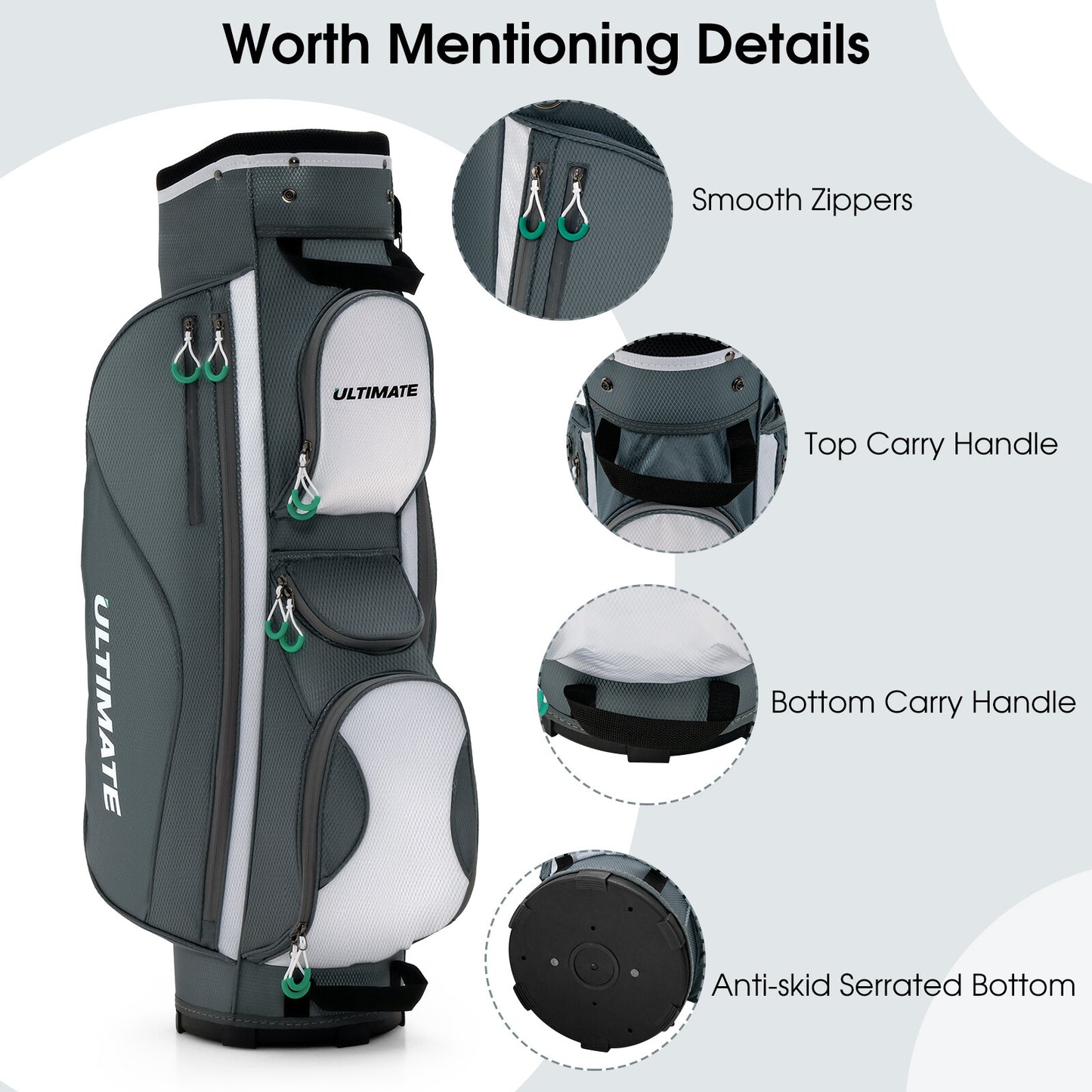 14 Dividers Golf Cart Bag 7 Zippered Pocket Cooler Bag Rain Hood Valuable Bag