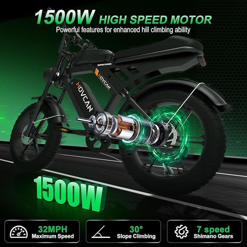 MOVCAN V30MAX/V30 Electric Bike for Adults 1500W/1000W Motor 20" Fat Tire Ebike, 32MPH/28MPH 120/70 Miles,48V 31.2/15.6 AH Dual Battery Hydraulic Disc Brake Electric Motorcycle Bike Full Suspension