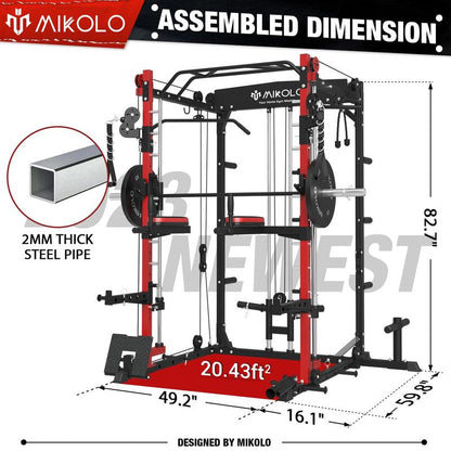 Mikolo Smith Machine: 2000LBS Multifunctional Squat Rack with LAT Pull Down, Cable Crossover, Dip/Leg Raise Attachments, and Band Pegs for Home Gym