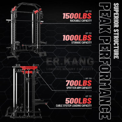 【Fathersdaygift】Power Rack, 2000LBS Squat Cage with Cable Crossover, Functional Trainer, LAT Pulldown, Multi-Function Weight Cage & Attachments for Home Gym Workout Equipment Barbell Bar