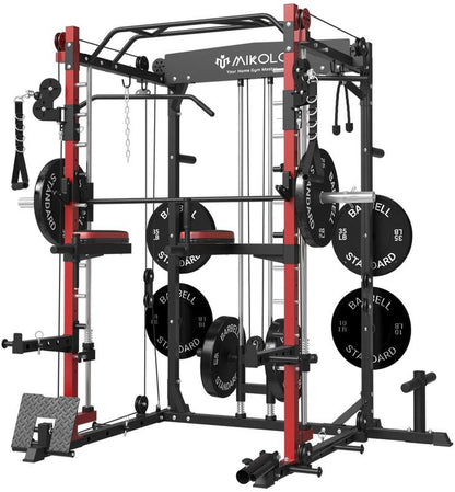Mikolo Smith Machine: 2000LBS Multifunctional Squat Rack with LAT Pull Down, Cable Crossover, Dip/Leg Raise Attachments, and Band Pegs for Home Gym