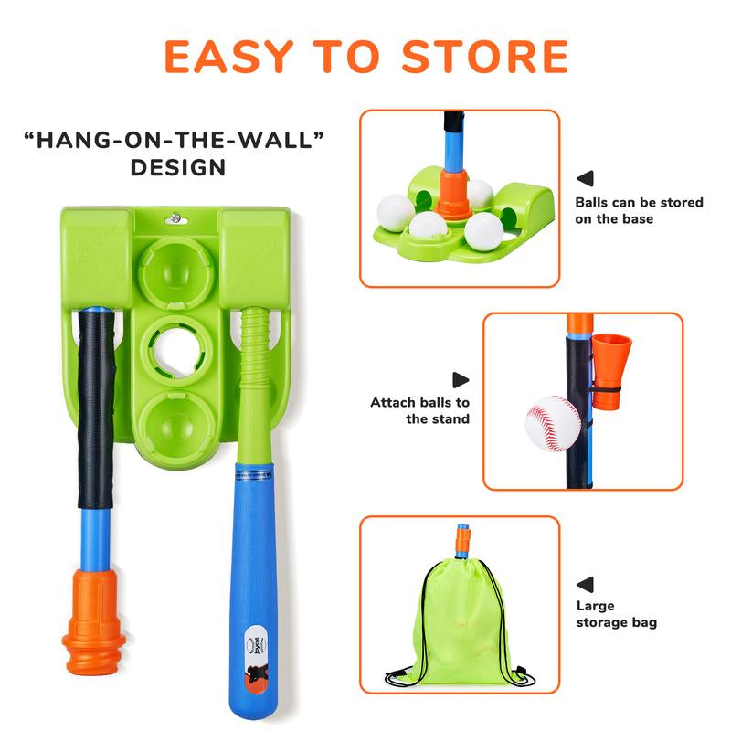 Joycat 3-In-1 T Ball Sets, Baseball Training Equipment with Tee Ball Stand, Hanging Tee, Ball Launcher, Outdoor Play, Adjustable Height Baseball Toys