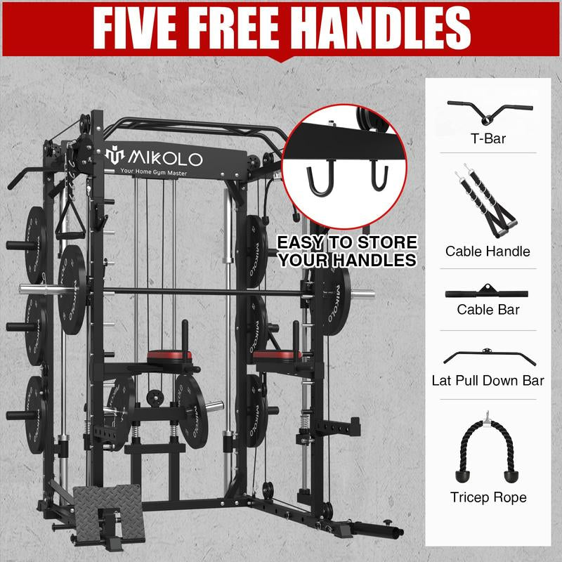 Mikolo Smith Machine: 2000LBS Multifunctional Squat Rack with LAT Pull Down, Cable Crossover, Dip/Leg Raise Attachments, and Band Pegs for Home Gym