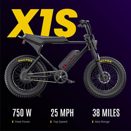 MACFOX X1S Ebikes, 750W Electric Bike Wheelie 25 MPH Max Speed, 38 Miles Range, 20" Fat Tire E-Bike with Front Suspension and Dual Disc Brakes, Class-3