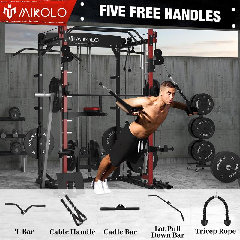 Mikolo Smith Machine: 2000LBS Multifunctional Squat Rack with LAT Pull Down, Cable Crossover, Dip/Leg Raise Attachments, and Band Pegs for Home Gym