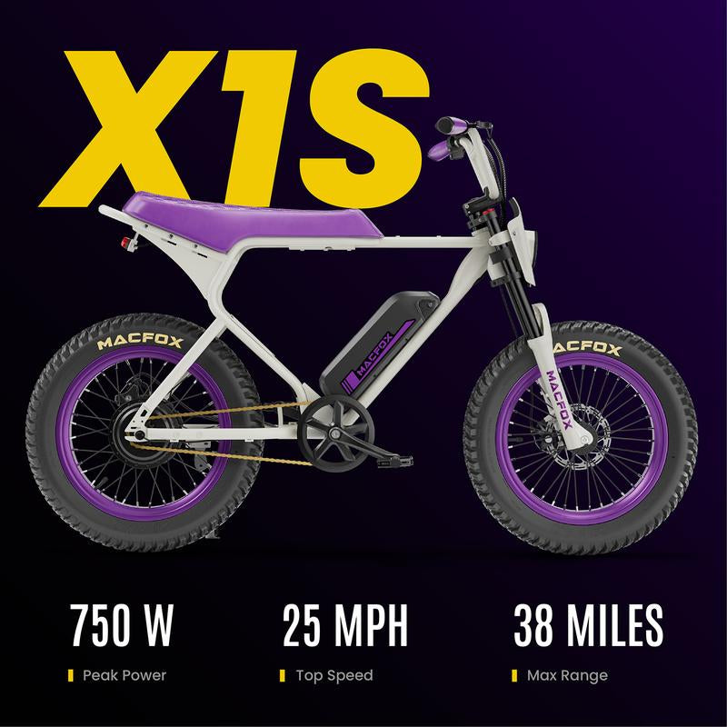 MACFOX X1S Ebikes, 750W Electric Bike Wheelie 25 MPH Max Speed, 38 Miles Range, 20" Fat Tire E-Bike with Front Suspension and Dual Disc Brakes, Class-3