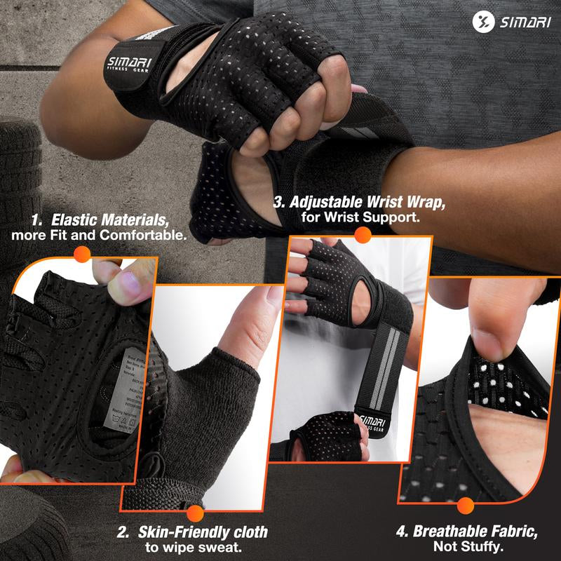 Gym Gloves, Half-Finger Breathable Workout Gloves for Men Women, Padded Weight Lifting Gloves with Wrist Wraps Support, Hand Protectors, Gym Training SG902