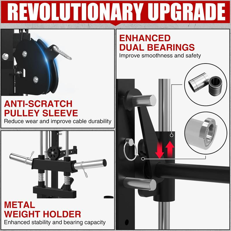 Mikolo Smith Machine: 2000LBS Multifunctional Squat Rack with LAT Pull Down, Cable Crossover, Dip/Leg Raise Attachments, and Band Pegs for Home Gym