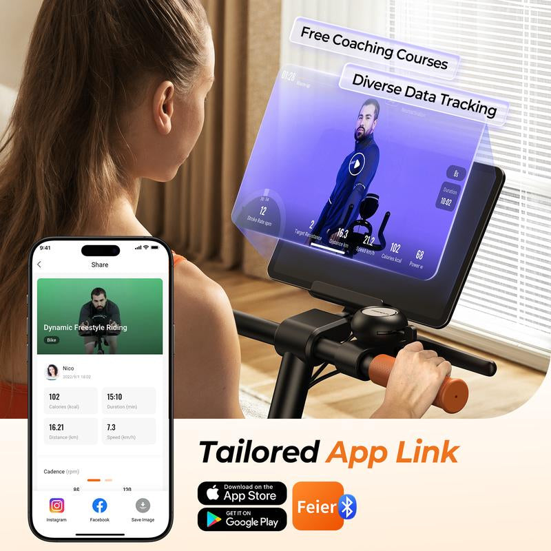 FEIERDUN Exercise Bike, Smart Magnetoresistive Upright Bike with Bluetooth & App Connectivity, Stylish Stationary Bike for Home, Office, or Gym Workouts