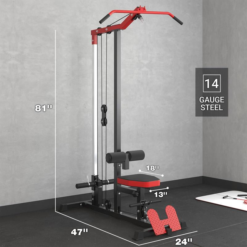 【Fathersdaygift】Lat Tower Fitness Equipment with Lat Pull Down, Lat Row, High & Low Pulley Station, Flip-Up Footplate, and AB Crunch Harness for Home Gym Barbell Clamps