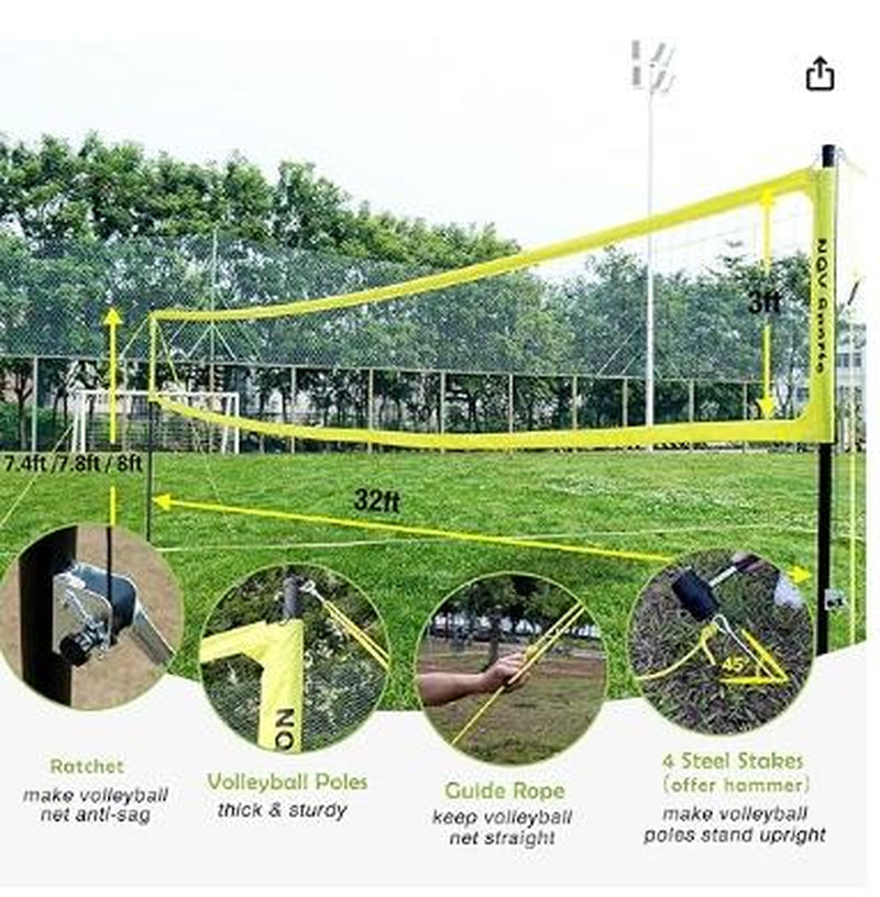 NQV Professional Heavy Duty Outdoor Yellow Volleyball Net Set with Adjustable 3 Levels Height Aluminum Poles, Anti-Sag System, Pump, and Carrying Bag