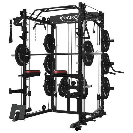 Mikolo Smith Machine: 2000LBS Multifunctional Squat Rack with LAT Pull Down, Cable Crossover, Dip/Leg Raise Attachments, and Band Pegs for Home Gym