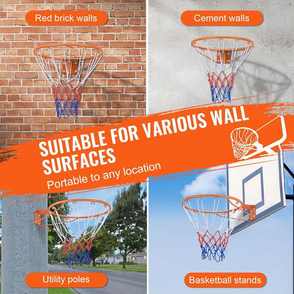 Basketball Rim, Wall Door Mounted Basketball Hoop, Heavy Duty Q235 Basketball Flex Rim Goal Replacement with Net, Standard 18 "Indoor and Outdoor Hanging Basketball Hoop
