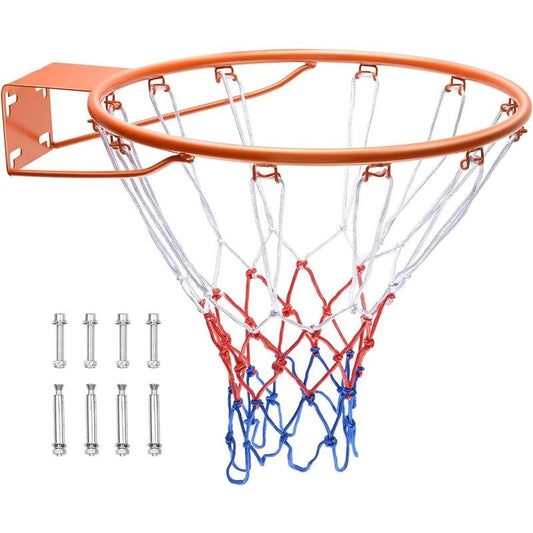 Basketball Rim, Wall Door Mounted Basketball Hoop, Heavy Duty Q235 Basketball Flex Rim Goal Replacement with Net, Standard 18 "Indoor and Outdoor Hanging Basketball Hoop