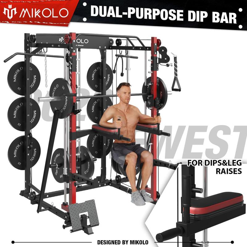 Mikolo Smith Machine: 2000LBS Multifunctional Squat Rack with LAT Pull Down, Cable Crossover, Dip/Leg Raise Attachments, and Band Pegs for Home Gym