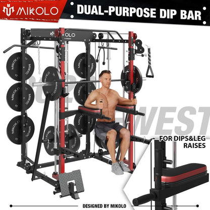 Mikolo Smith Machine: 2000LBS Multifunctional Squat Rack with LAT Pull Down, Cable Crossover, Dip/Leg Raise Attachments, and Band Pegs for Home Gym