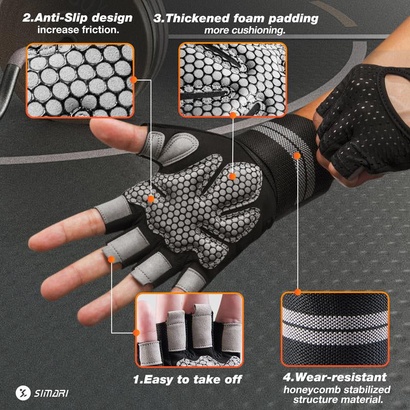 Gym Gloves, Half-Finger Breathable Workout Gloves for Men Women, Padded Weight Lifting Gloves with Wrist Wraps Support, Hand Protectors, Gym Training SG902