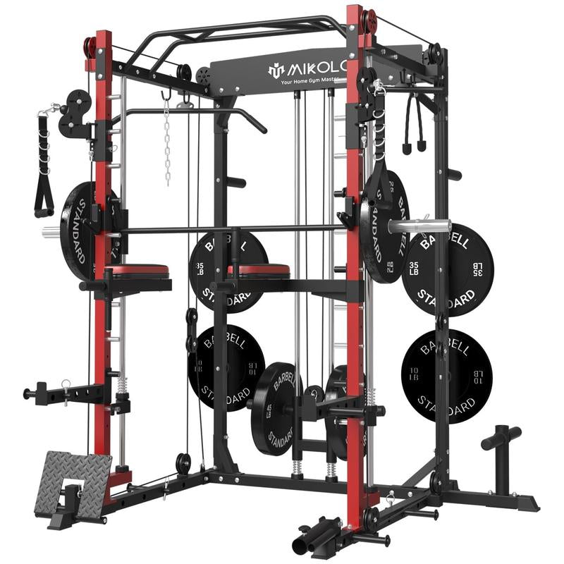 Mikolo Smith Machine: 2000LBS Multifunctional Squat Rack with LAT Pull Down, Cable Crossover, Dip/Leg Raise Attachments, and Band Pegs for Home Gym