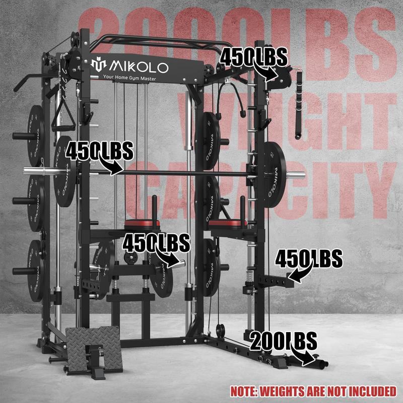 Mikolo Smith Machine: 2000LBS Multifunctional Squat Rack with LAT Pull Down, Cable Crossover, Dip/Leg Raise Attachments, and Band Pegs for Home Gym