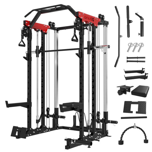 【Fathersdaygift】Power Rack, 2000LBS Squat Cage with Cable Crossover, Functional Trainer, LAT Pulldown, Multi-Function Weight Cage & Attachments for Home Gym Workout Equipment Barbell Bar