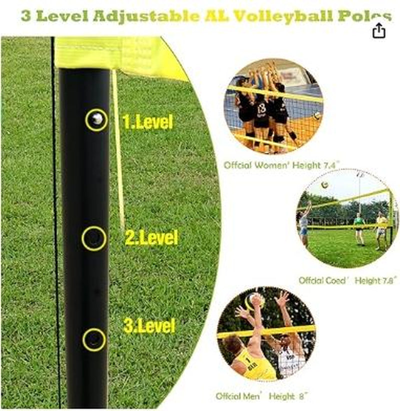 NQV Professional Heavy Duty Outdoor Yellow Volleyball Net Set with Adjustable 3 Levels Height Aluminum Poles, Anti-Sag System, Pump, and Carrying Bag