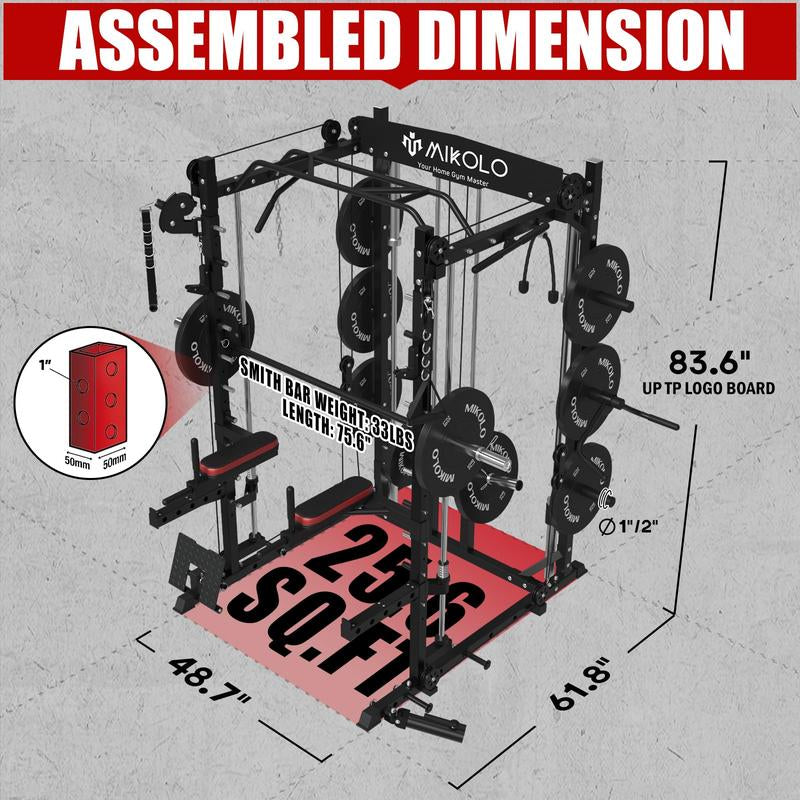 Mikolo Smith Machine: 2000LBS Multifunctional Squat Rack with LAT Pull Down, Cable Crossover, Dip/Leg Raise Attachments, and Band Pegs for Home Gym