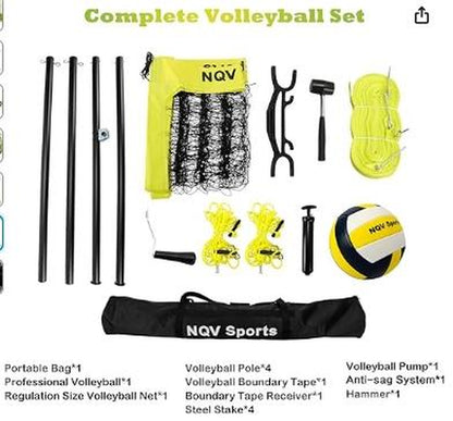 NQV Professional Heavy Duty Outdoor Yellow Volleyball Net Set with Adjustable 3 Levels Height Aluminum Poles, Anti-Sag System, Pump, and Carrying Bag