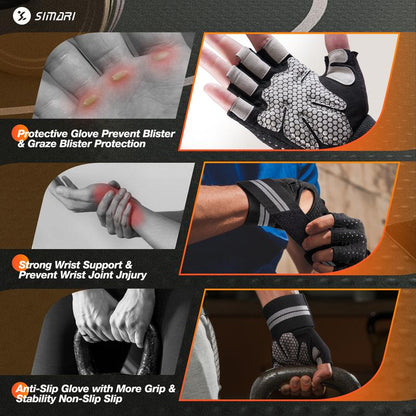 Gym Gloves, Half-Finger Breathable Workout Gloves for Men Women, Padded Weight Lifting Gloves with Wrist Wraps Support, Hand Protectors, Gym Training SG902