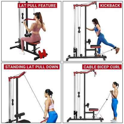 【Fathersdaygift】Lat Tower Fitness Equipment with Lat Pull Down, Lat Row, High & Low Pulley Station, Flip-Up Footplate, and AB Crunch Harness for Home Gym Barbell Clamps