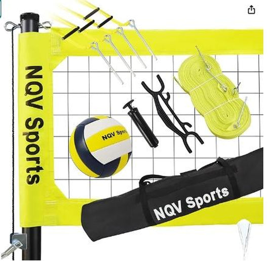 NQV Professional Heavy Duty Outdoor Yellow Volleyball Net Set with Adjustable 3 Levels Height Aluminum Poles, Anti-Sag System, Pump, and Carrying Bag
